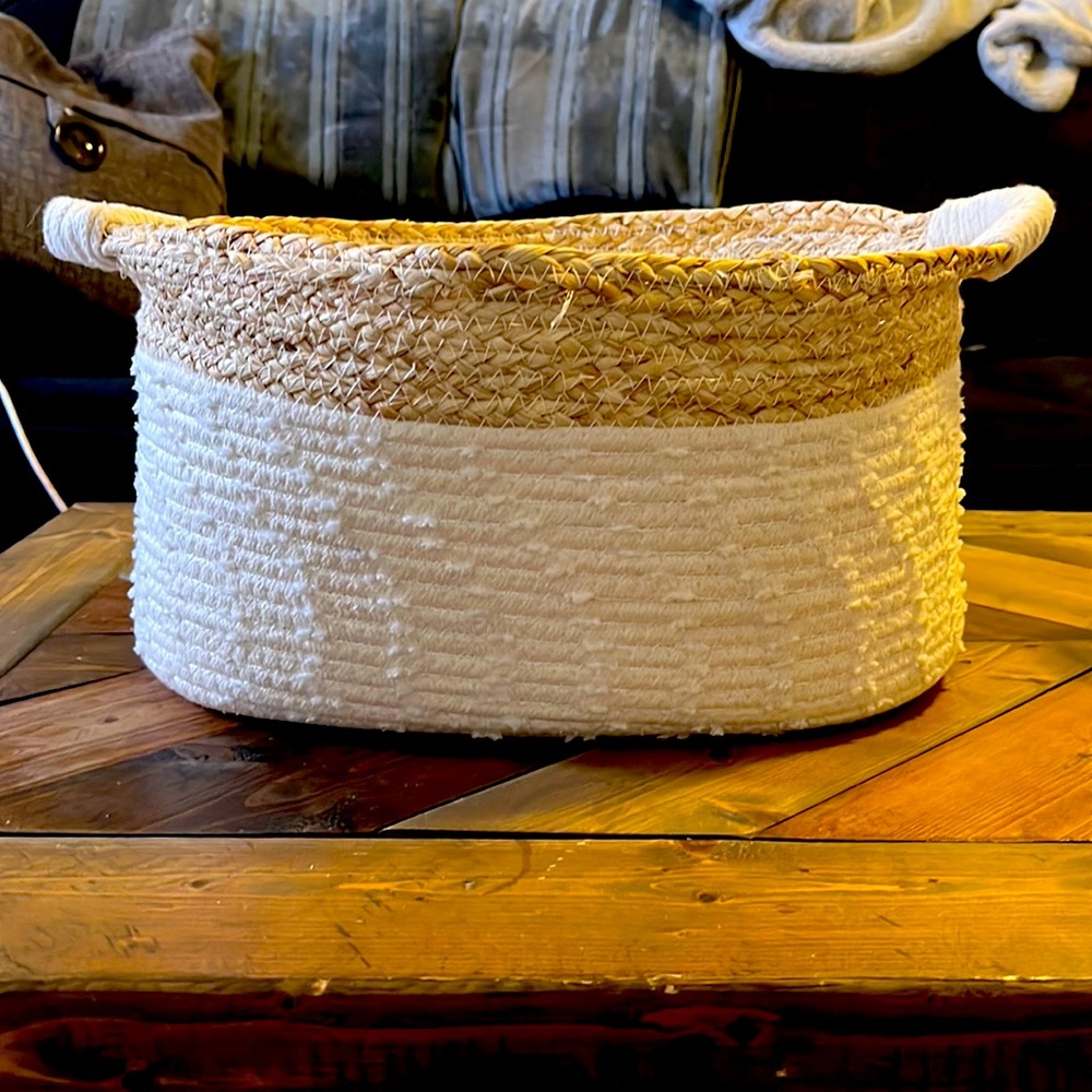 Woven cotton, woven wicker, stitched together. Durable handles. New